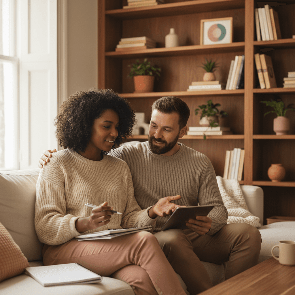 Couple reviewing fertility information and conception strategies together at home