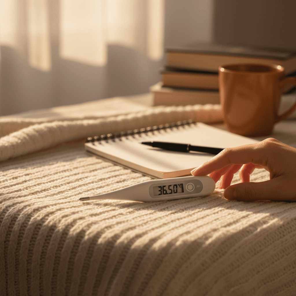 Digital basal thermometer on bedside table with tracking notebook