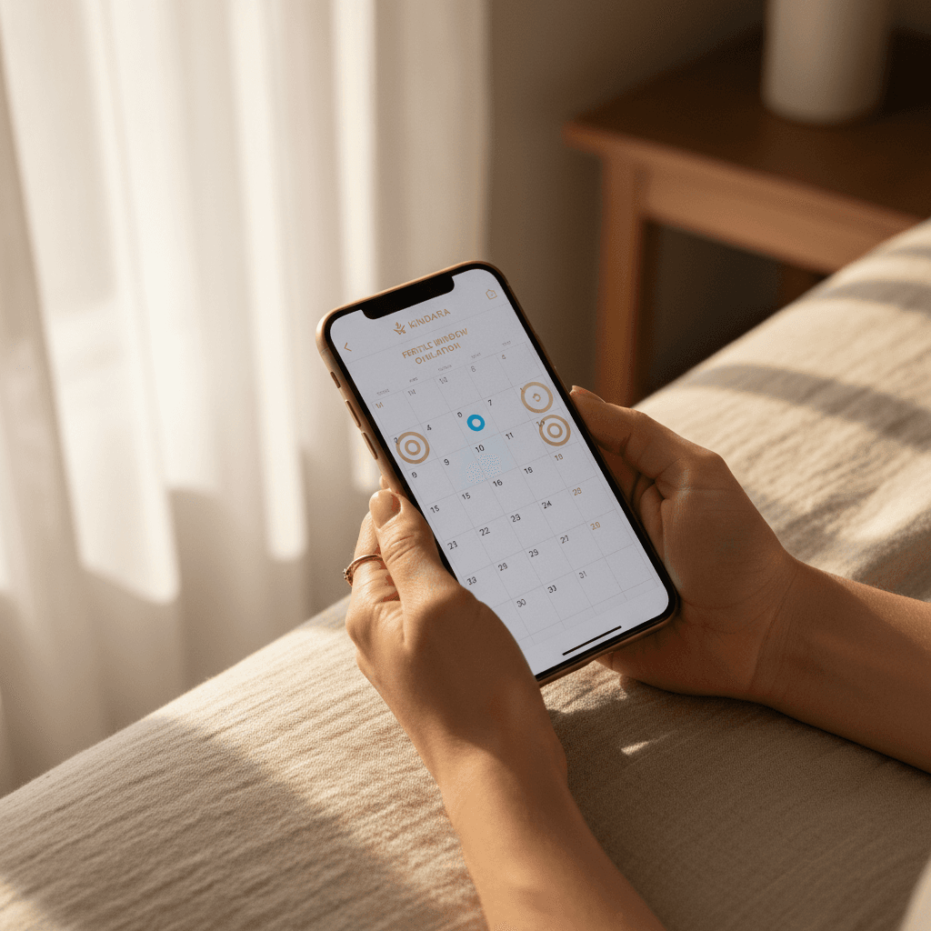 Woman tracking ovulation on a fertility app with calendar marking