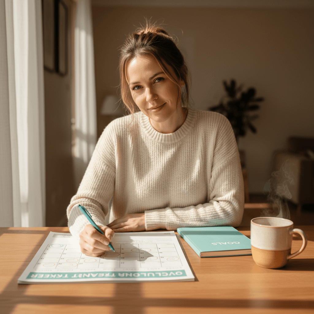 Woman tracking ovulation cycle in notebook