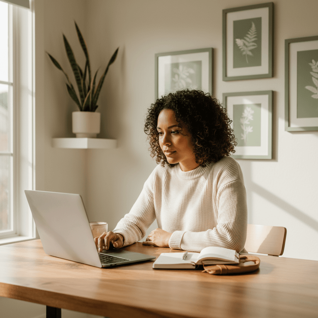 Woman at desk reviewing health content