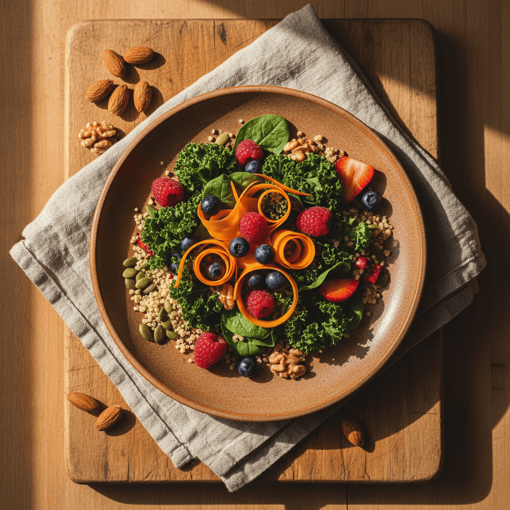 Overhead view of a nutrient-rich fertility-supporting meal with fresh vegetables and whole grains