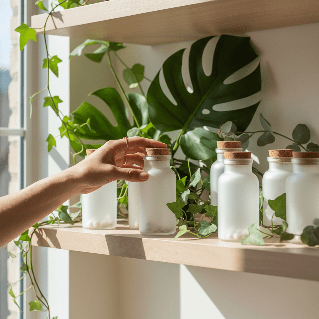 Prenatal vitamin bottles displayed with plant elements on shelf