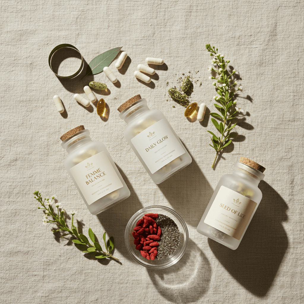 Assortment of fertility supplement bottles arranged with natural ingredients