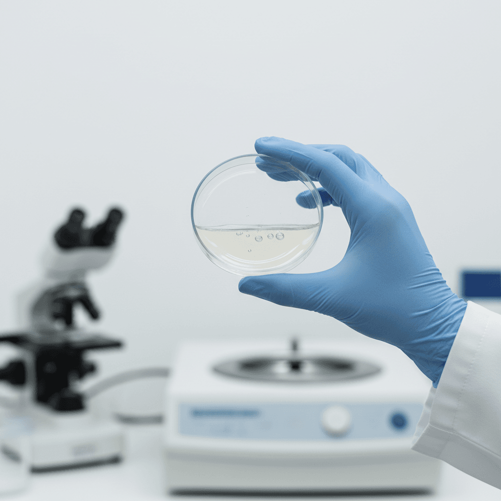 Fertility specialist handling sample in laboratory petri dish during IVF procedure
